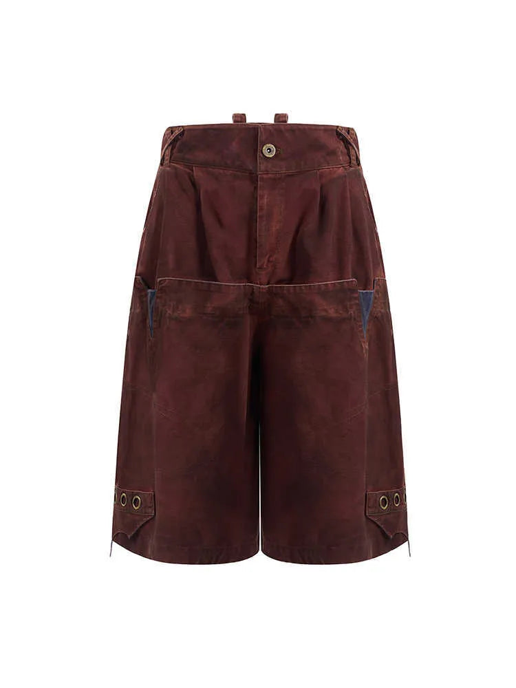 Men's black double waist cropped pants with washed stitching detail and loose fit