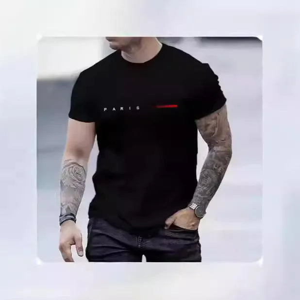 Men's slim fit 3D printed mesh top in a light colour on a hanger, showing short sleeves and patterned fabric.