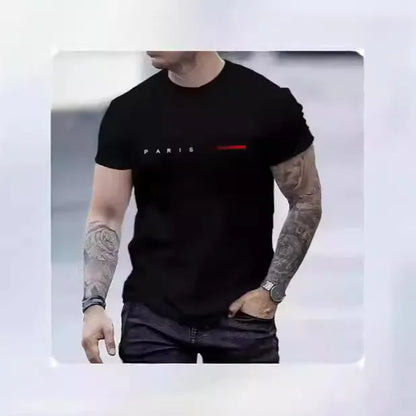 Men's slim fit 3D printed mesh top in a light colour on a hanger, showing short sleeves and patterned fabric.
