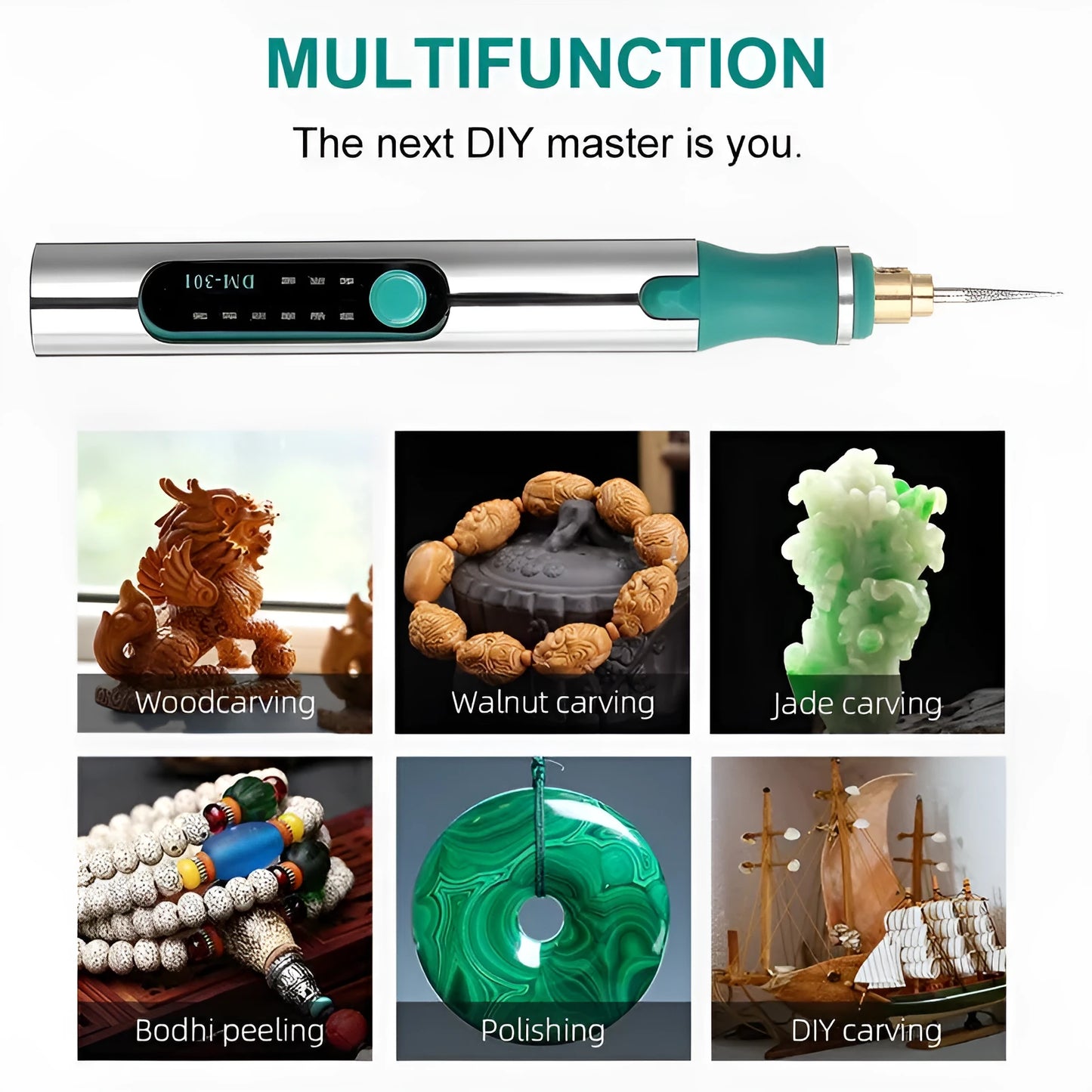 Electric engraving pen with USB charging cable and accessories including grinding heads, cutting plates, and drill bits
