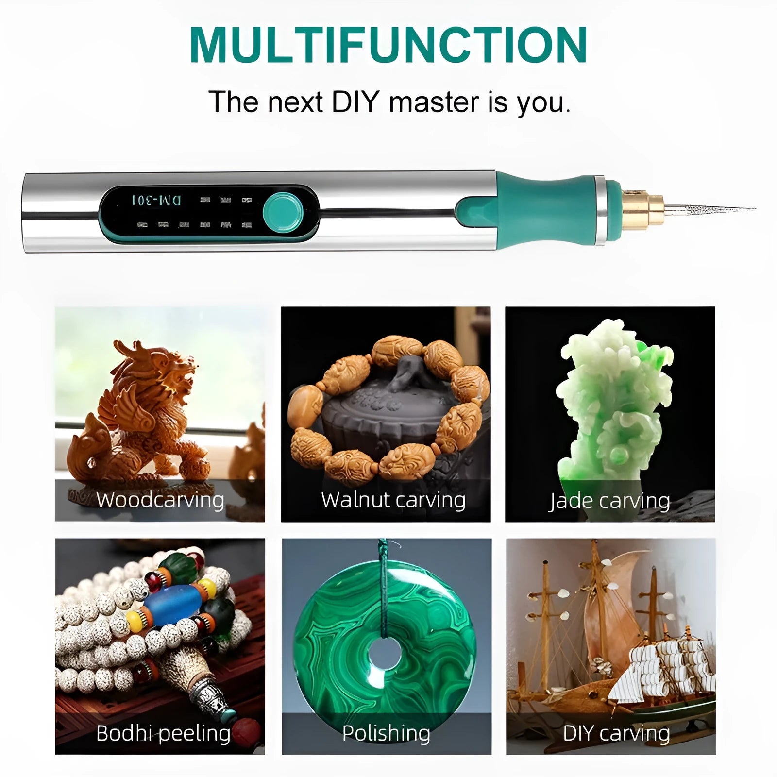 Electric engraving pen with USB charging cable and accessories including grinding heads, cutting plates, and drill bits