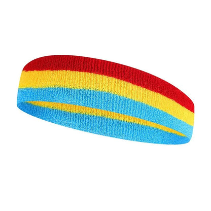 Colour-block sports headband for adults shown in a multi-colour design, suitable for running and yoga.
