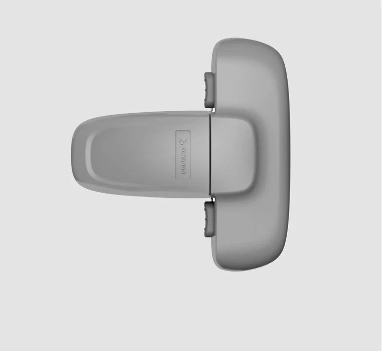 Refrigerator child safety lock in white and grey, featuring a T-type double button for adult one-handed operation