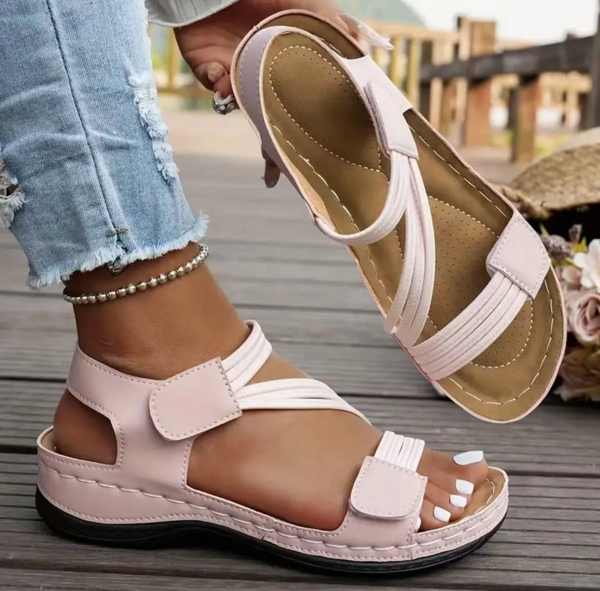 Women's Velcro sports sandals in black, blue, beige, white, or pink, PU upper and sole, sizes 36-43