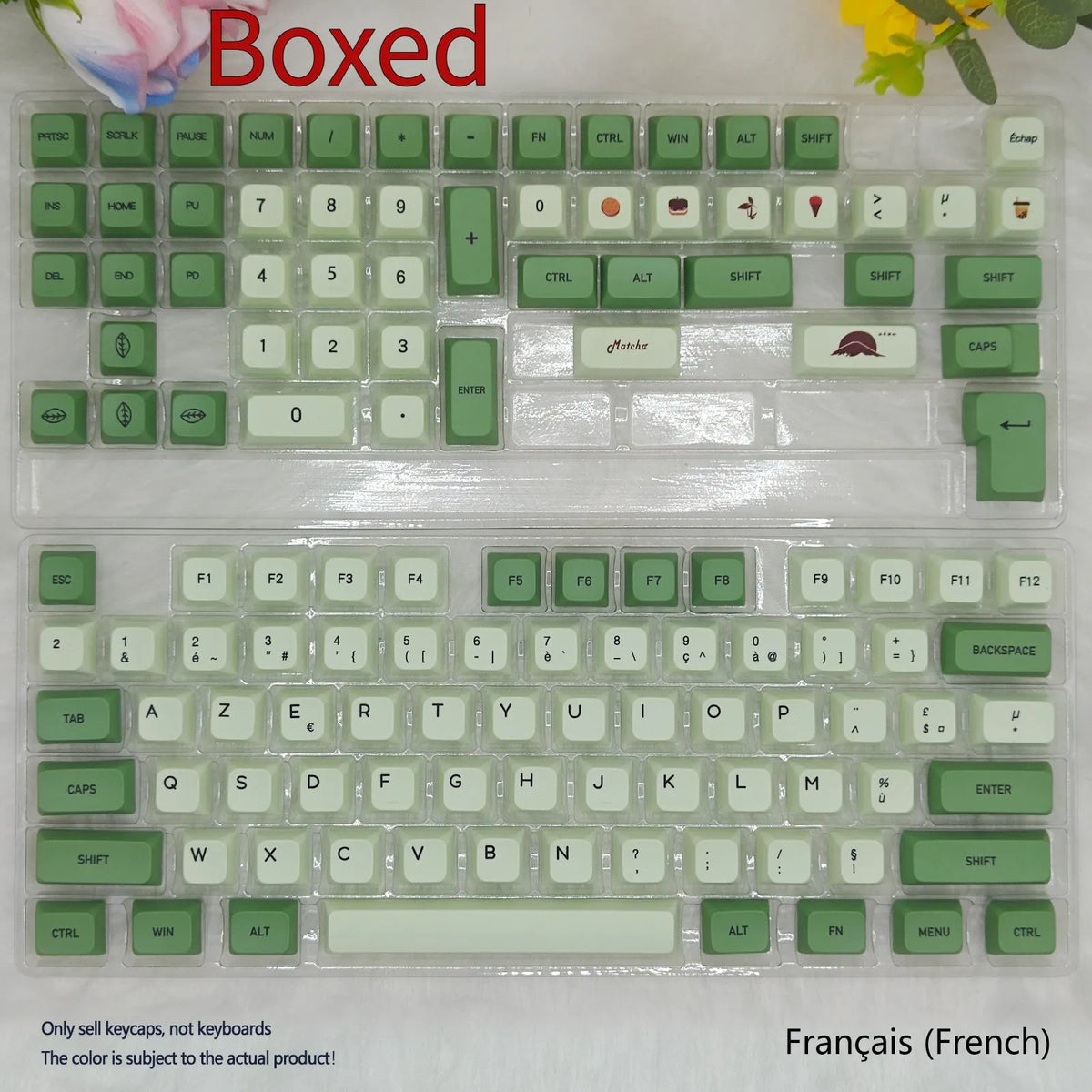 Matcha-themed PBT keycap set with 124 keys and dye-sublimated legends in multiple languages