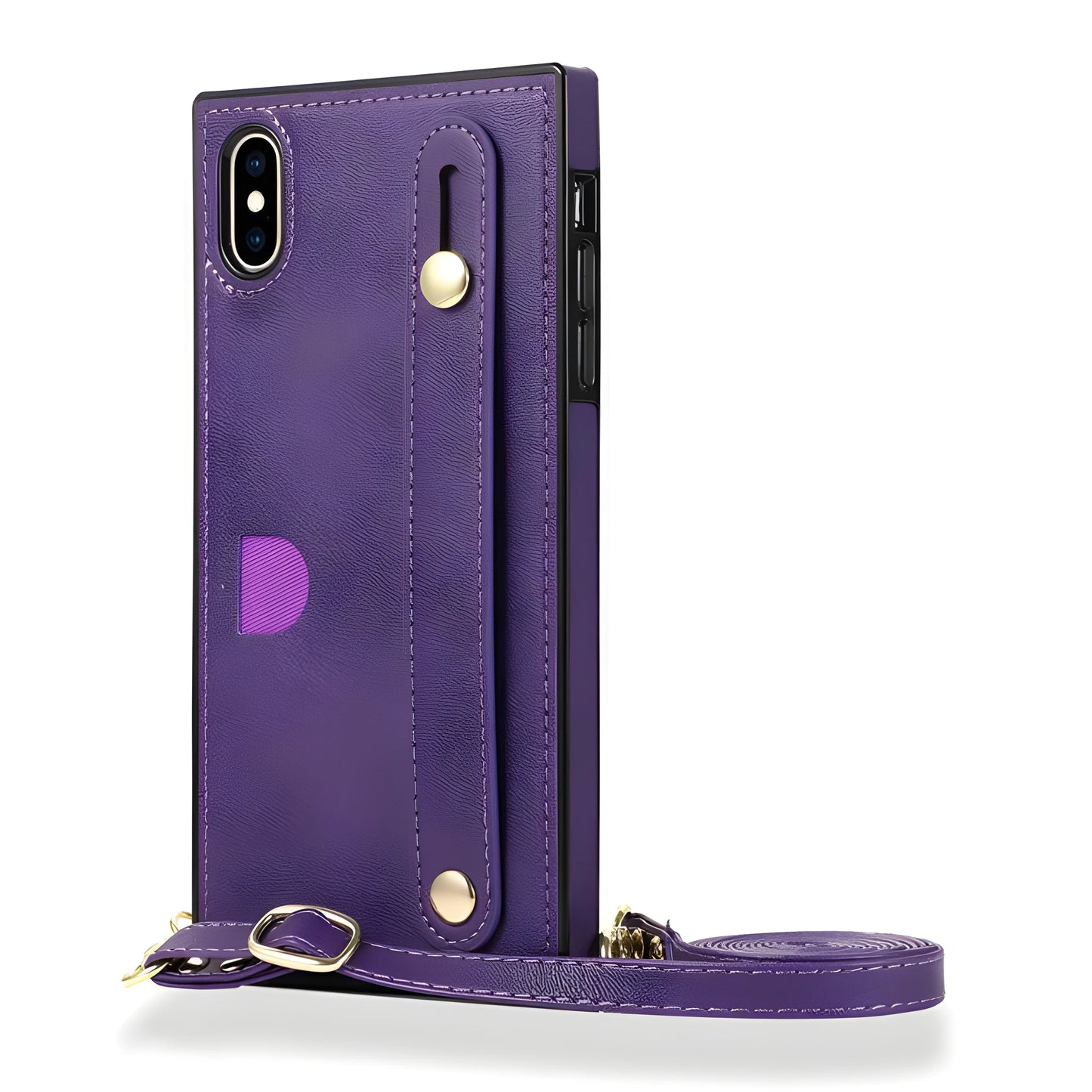 Leather phone case with card holder and wristband holster in black, fits iPhone models, anti-scratch protection