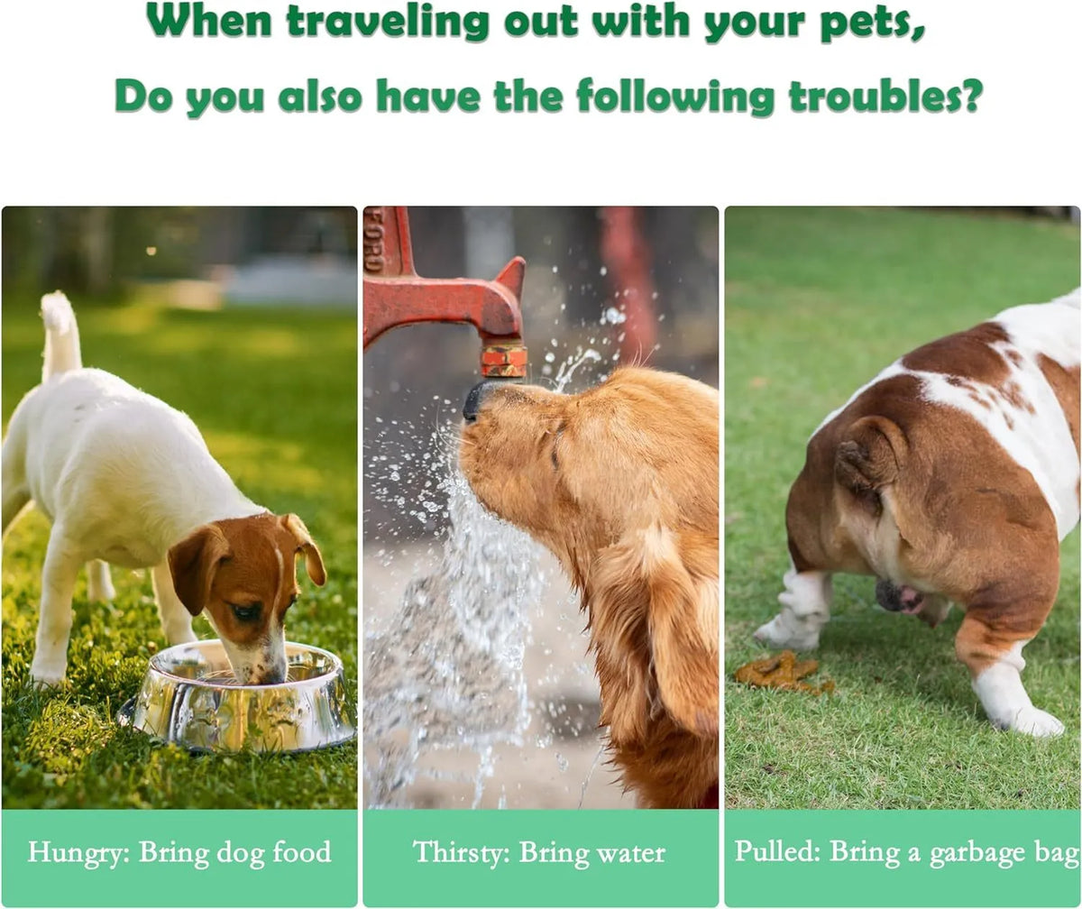 Green 3-in-1 pet water bottle with strap, showing water dispenser, food container, and waste bag dispenser for outdoor use