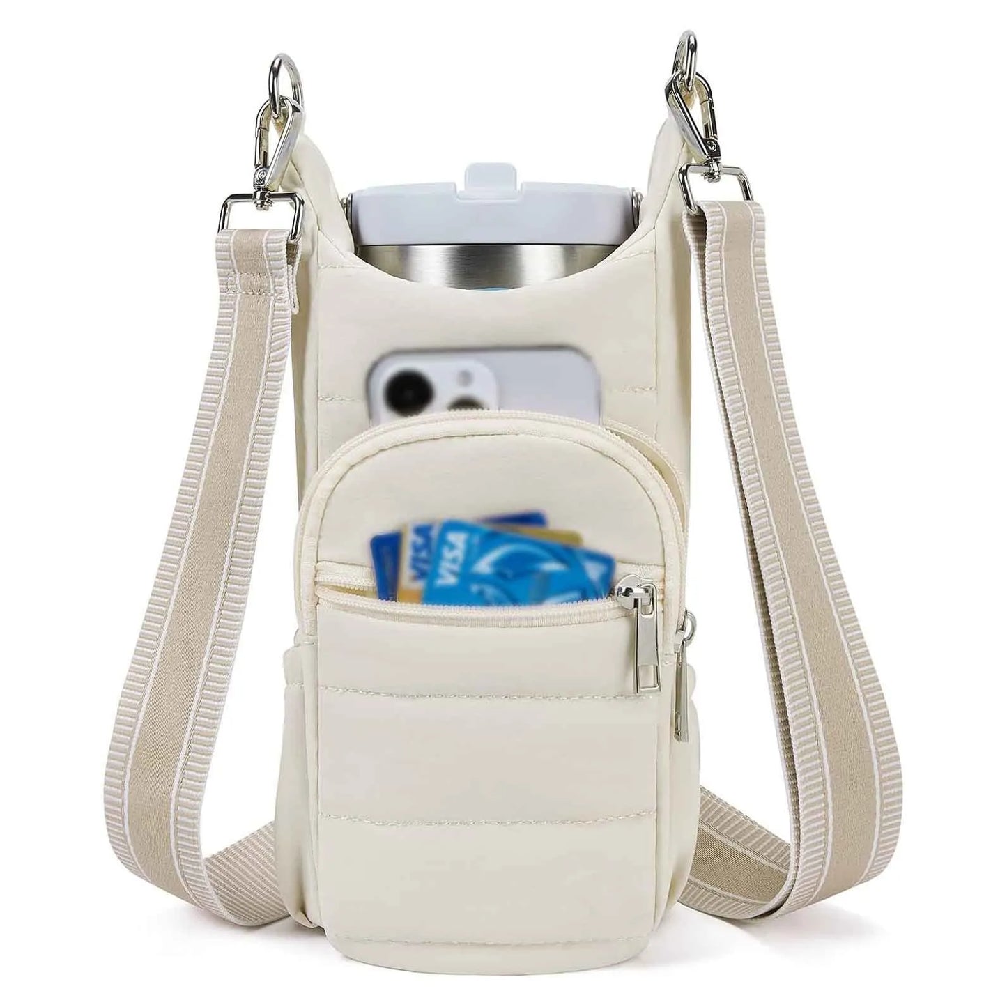 Black cloth water bottle carrier bag mounted on bicycle handlebars