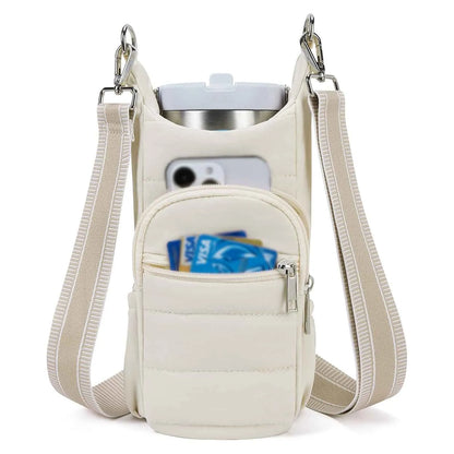 Black cloth water bottle carrier bag mounted on bicycle handlebars