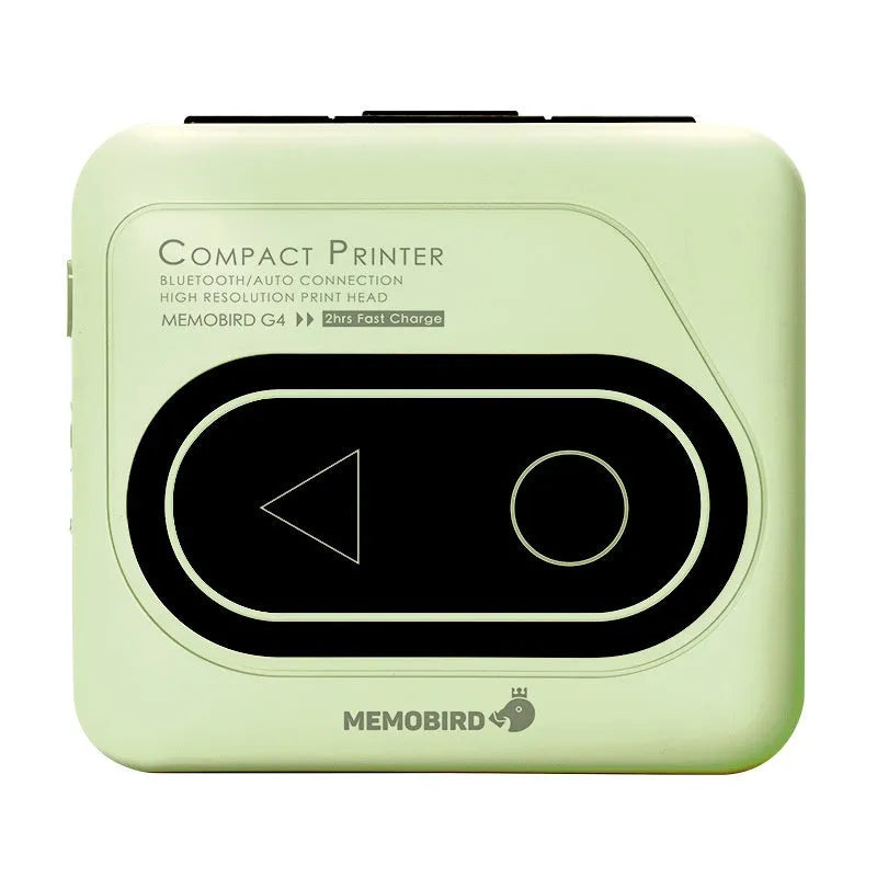 Avocado green Bluetooth mini thermal printer on a table next to a mobile phone.