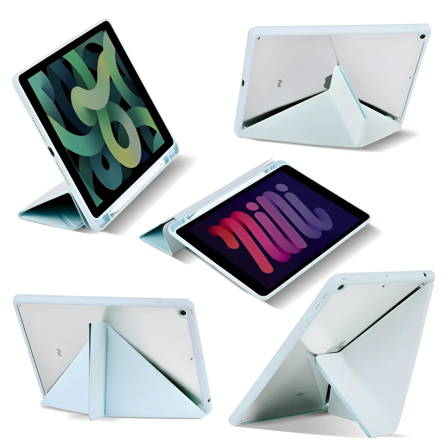Y-folding imitation leather iPad case in dark grey, showing built-in stand and pen slot.