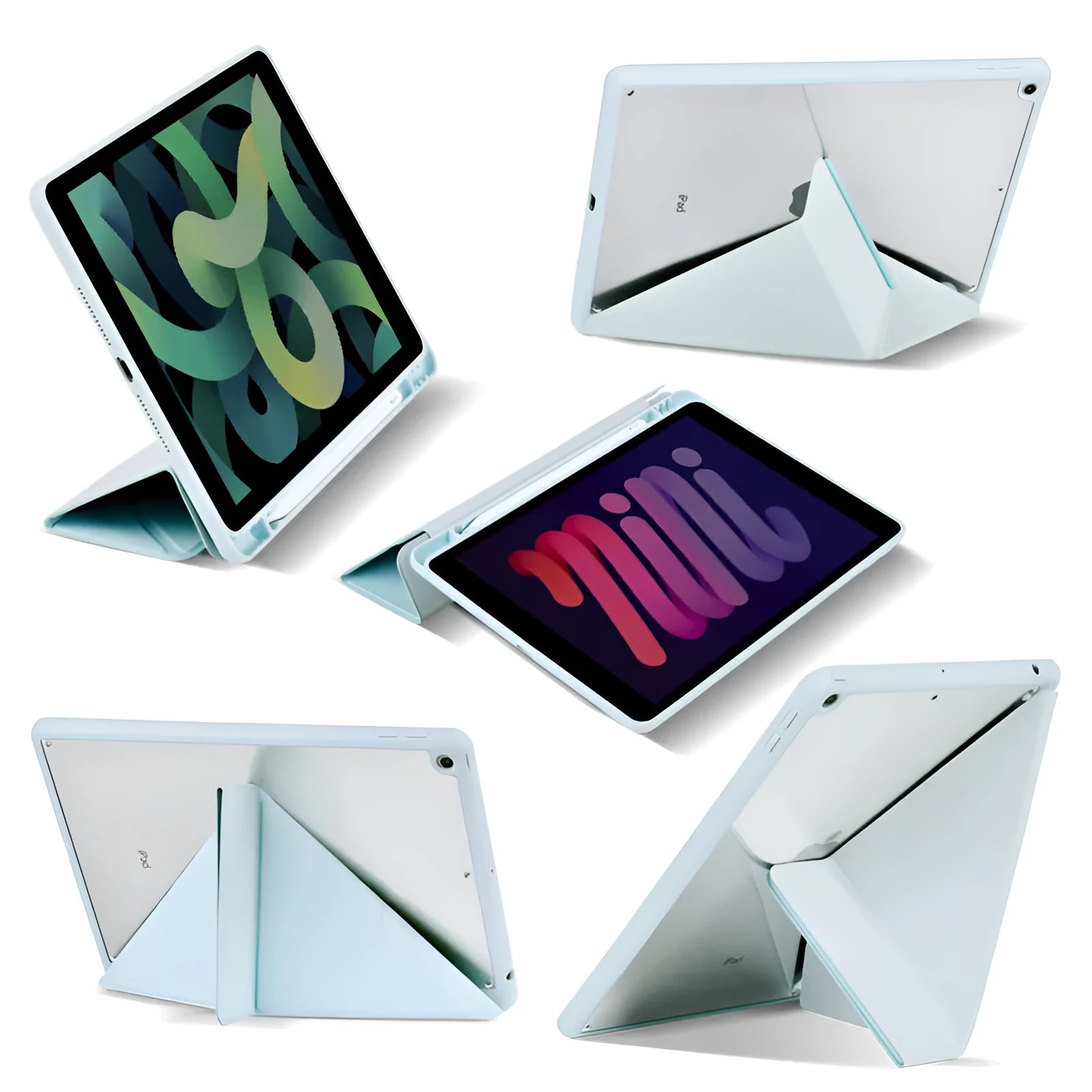 Y-folding imitation leather iPad case in dark grey, showing built-in stand and pen slot.
