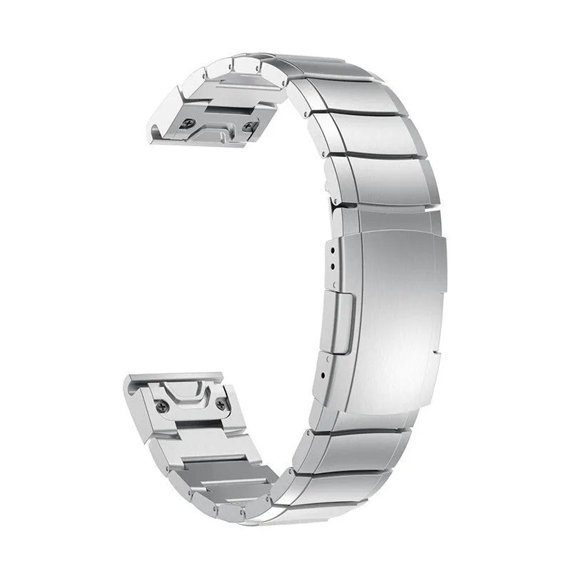 Stainless steel watch band for Garmin Fenix smartwatch, showing straight buckle and metal links.