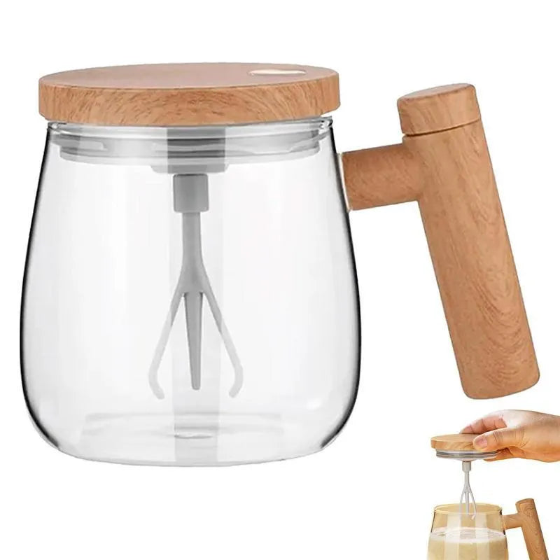Clear borosilicate glass electric self-stirring coffee mug with 400ml capacity.