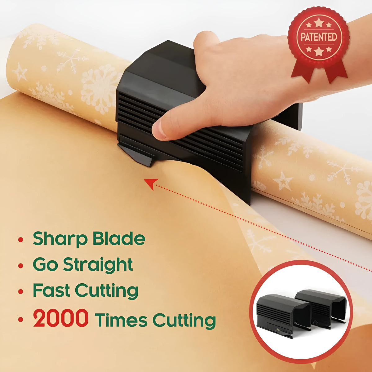Plastic roll paper cutter in black, red, or green colours with injection-moulded construction