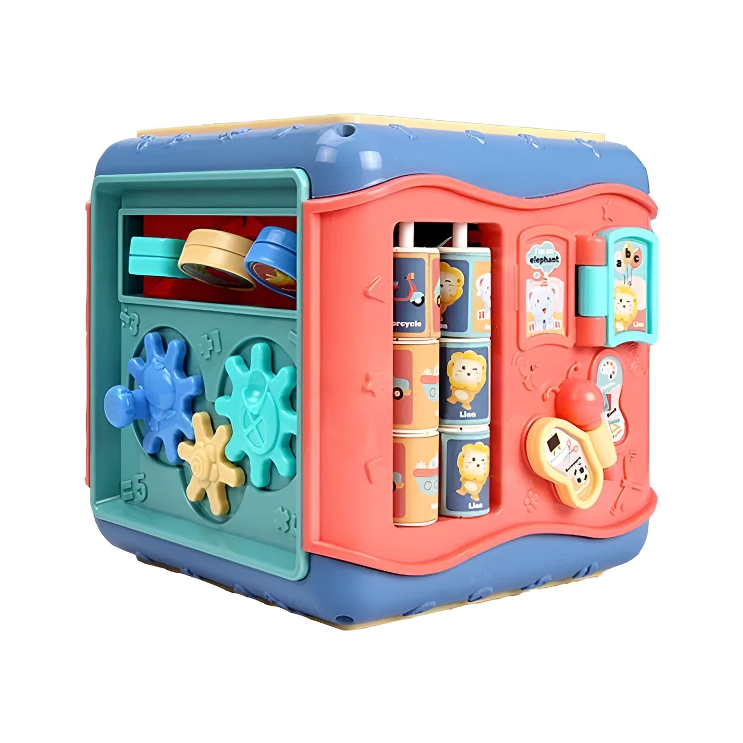 Colourful hexahedron educational toy with bead maze, gears, shape sorter, and clock face on different sides