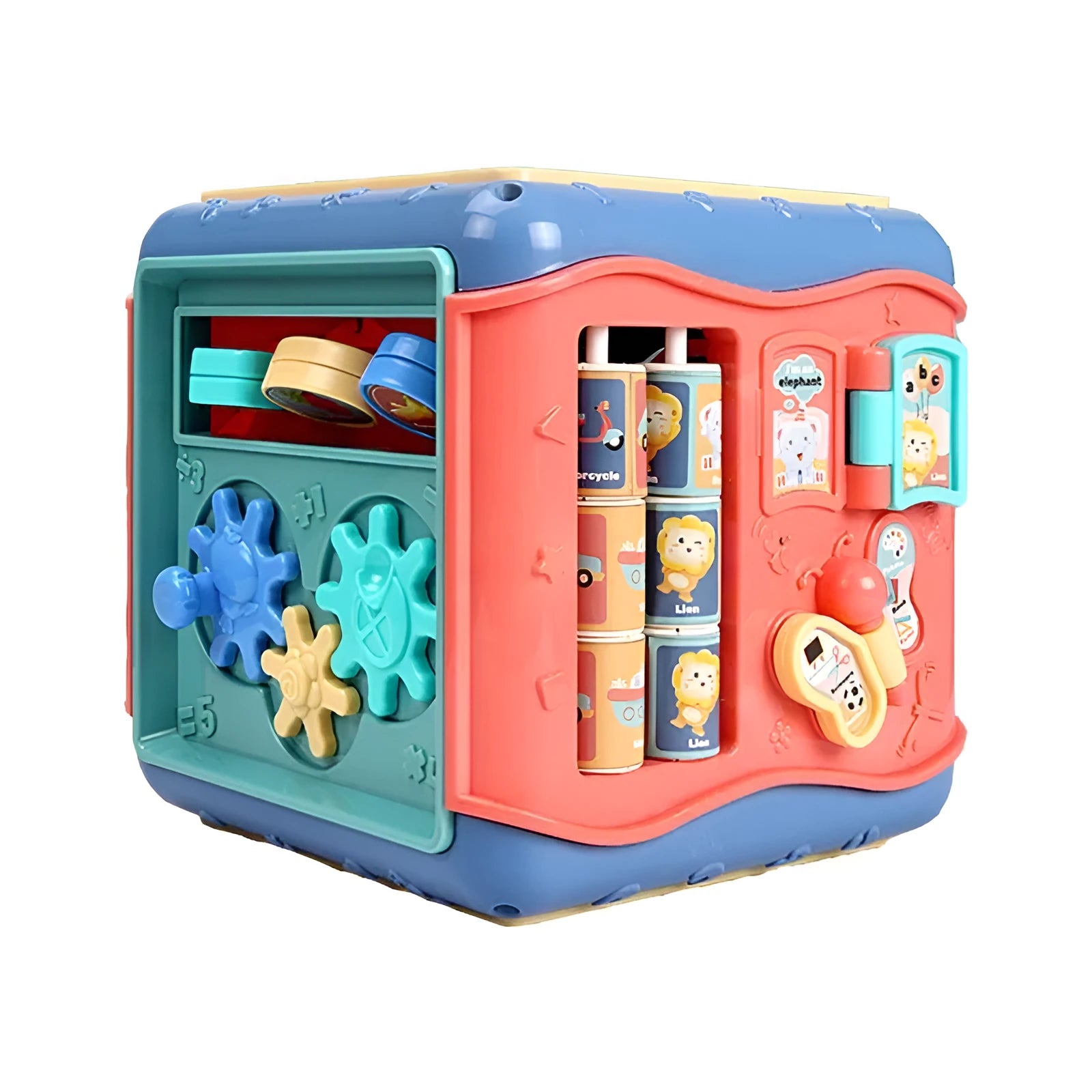 Colourful hexahedron educational toy with bead maze, gears, shape sorter, and clock face on different sides