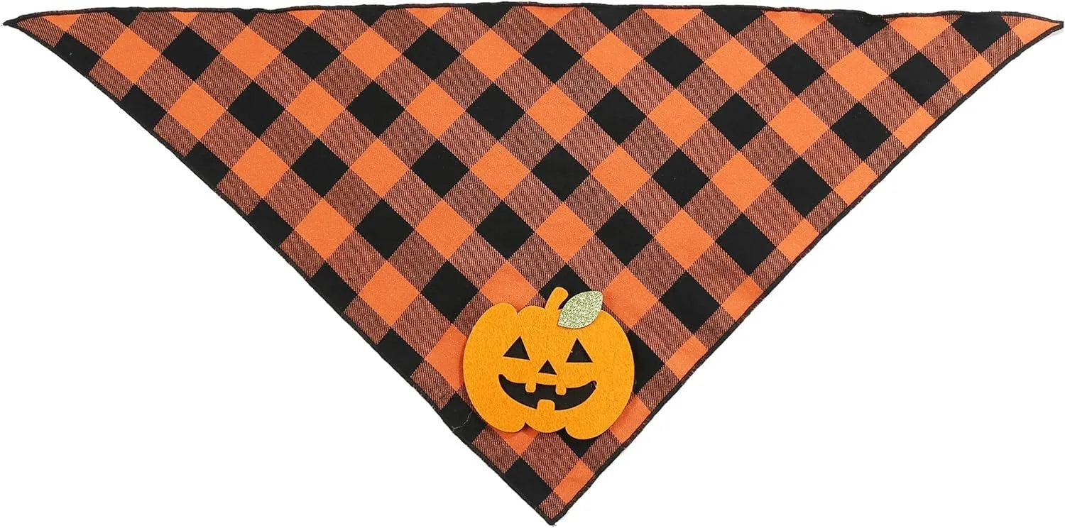 Orange Halloween dog bandana with felt pumpkin appliques on plaid fabric