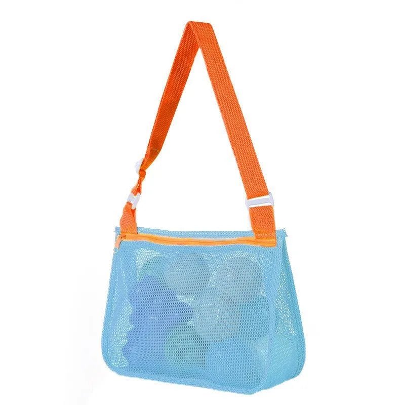 Blue children's drawstring travel storage bag made of nylon mesh for organising toys and clothes.