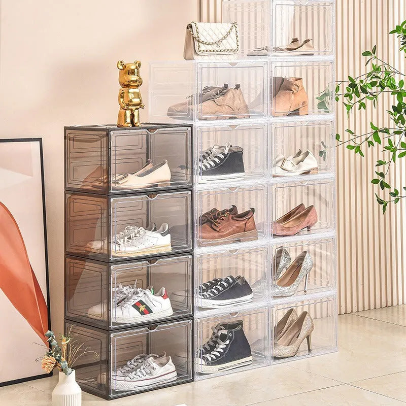 Large transparent acrylic shoe storage box with magnetic side door lid for footwear organisation
