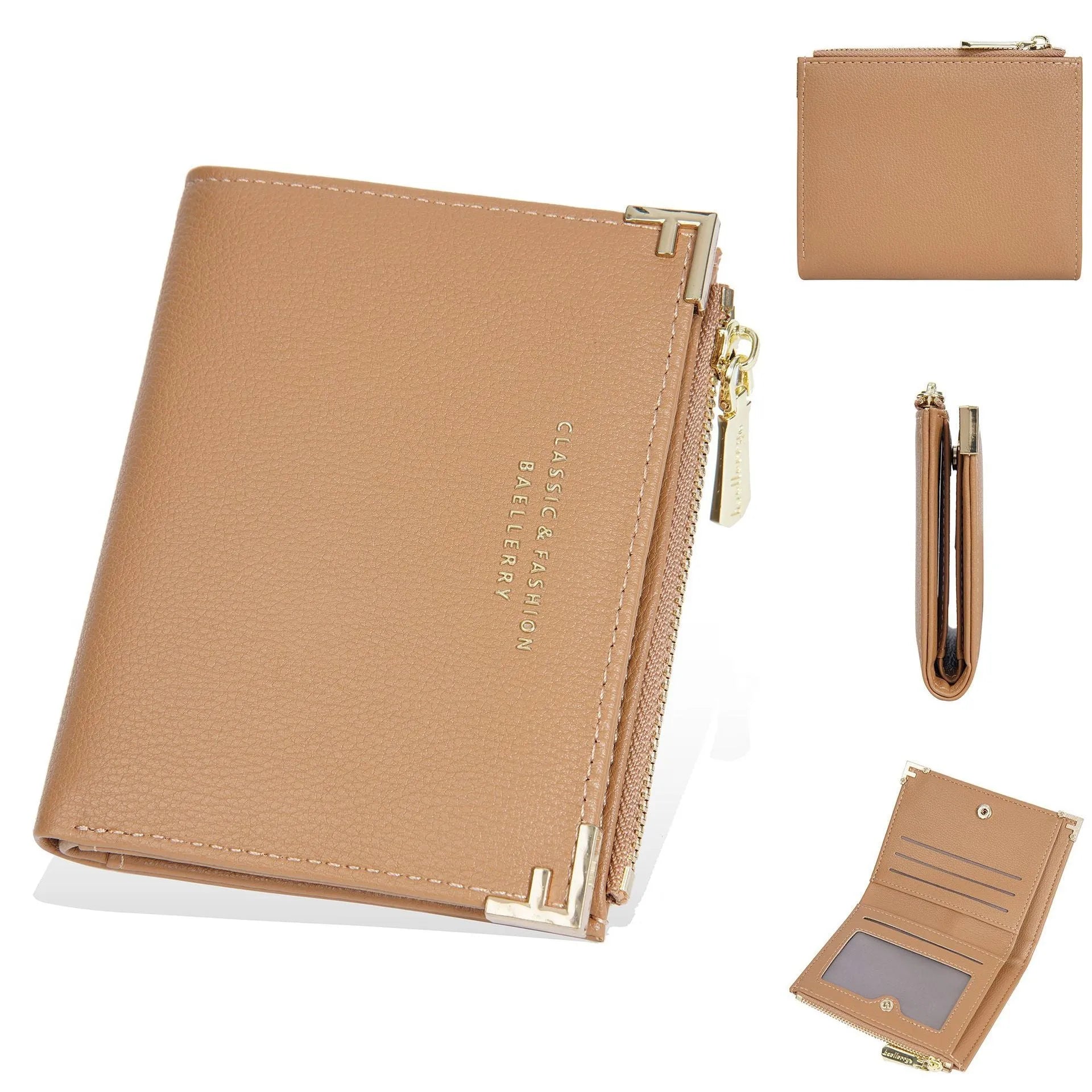 Compact women's wallet showing card slots and zipper coin purse in PU leather
