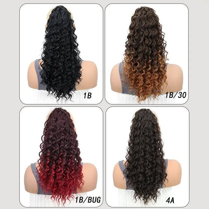 Small curly wave drawstring ponytail wig in gradient brown shades on display