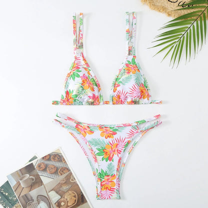 Women's floral printed halter swim briefs set in polyester fabric with multiple colour options