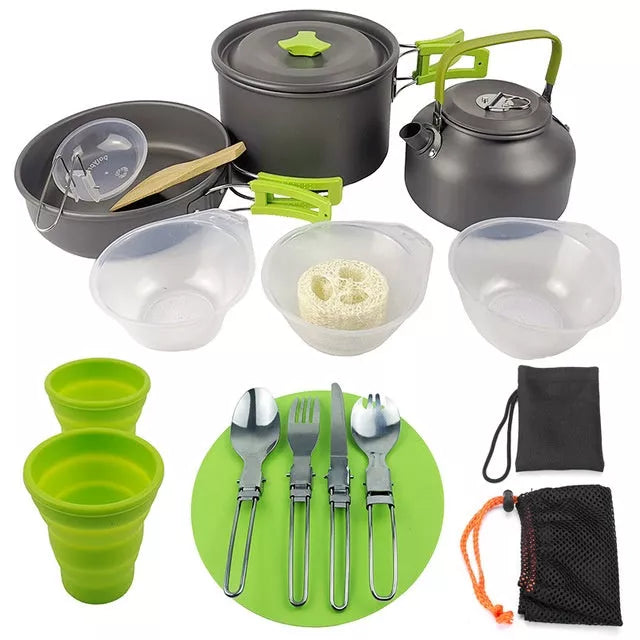 Outdoor camping cookware set with foldable handles for 2-3 people