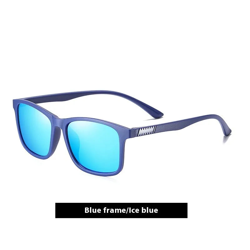 Men's polarised sunglasses with a blue frame and ice blue lenses for outdoor sports and driving.