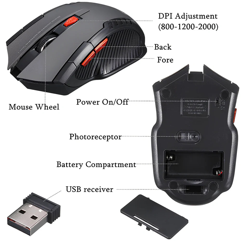 Black wireless computer mouse with six buttons and USB receiver, 100-120mm size