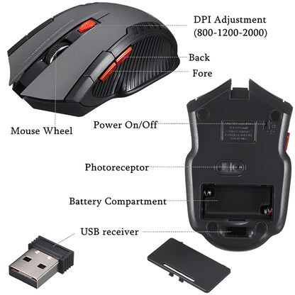 Black wireless computer mouse with six buttons and USB receiver, 100-120mm size
