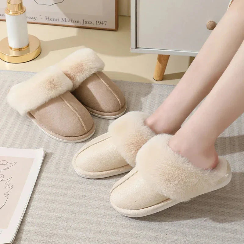 Cozy plush house slippers for women in various colors and sizes, featuring soft, warm, and non-slip design