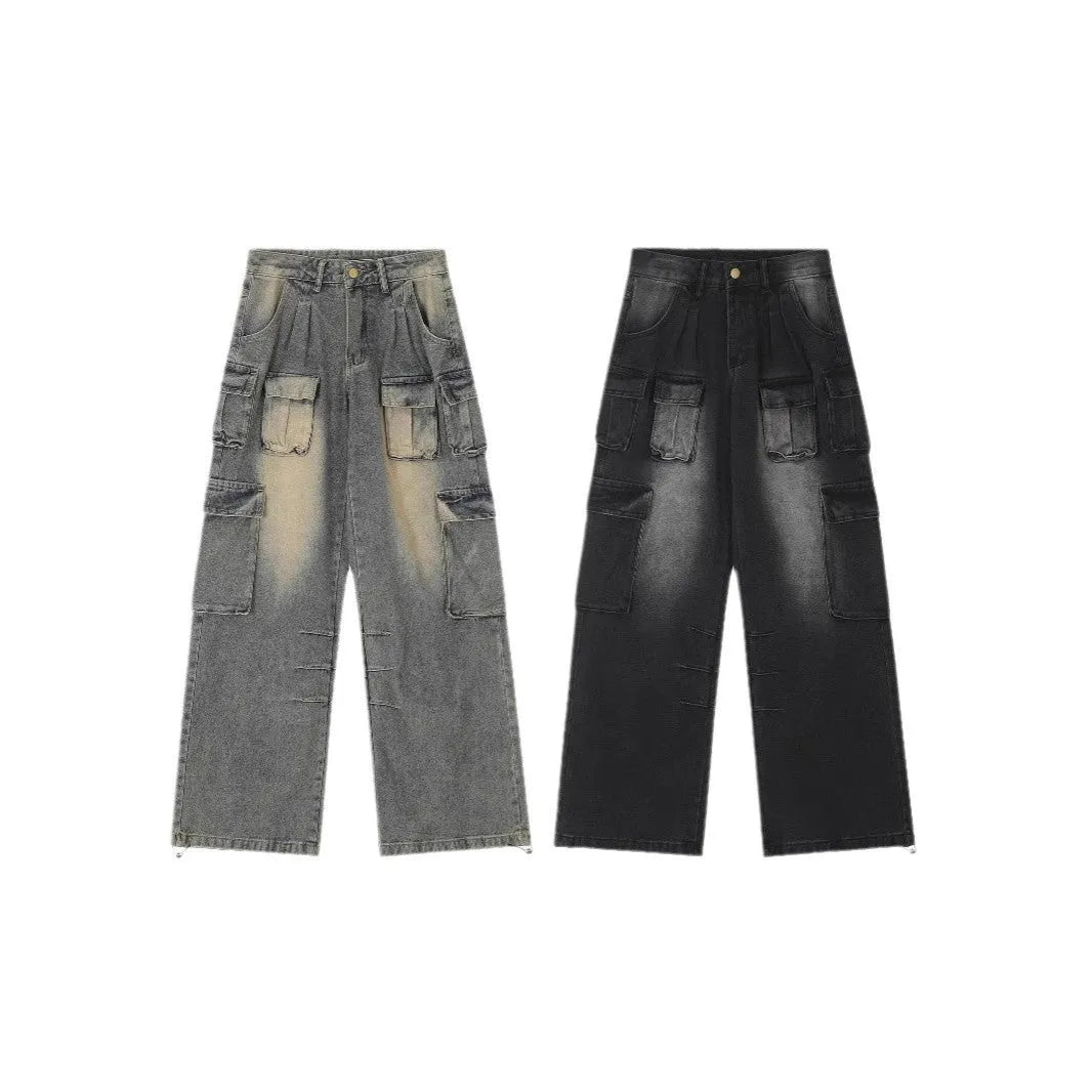 Men's loose straight-leg distressed jeans with multiple tooling pockets in light blue denim
