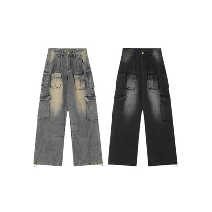 Men's loose straight-leg distressed jeans with multiple tooling pockets in light blue denim