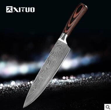 Premium chef knife set with high-performance stainless steel blades, featuring a striking Damascus pattern and ergonomic color-coated handles