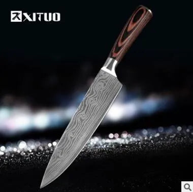 Professional chef knife with laser-etched Damascus pattern on 7Cr17 steel blade and coloured wood handle.