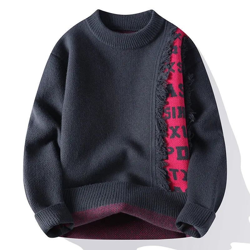 Men's loose grey knitted pullover with ribbed hem, long sleeves, and a casual fit on a hanger.
