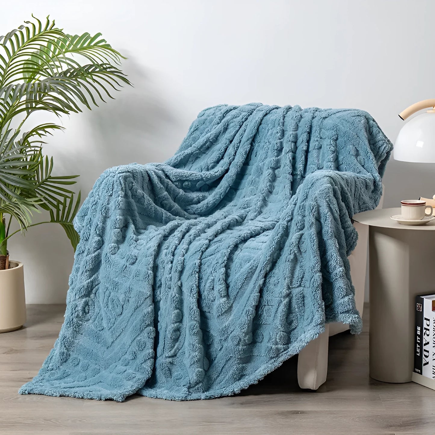 Shu velvet jacquard sofa blanket in solid colour with plant flower patterns showing size options