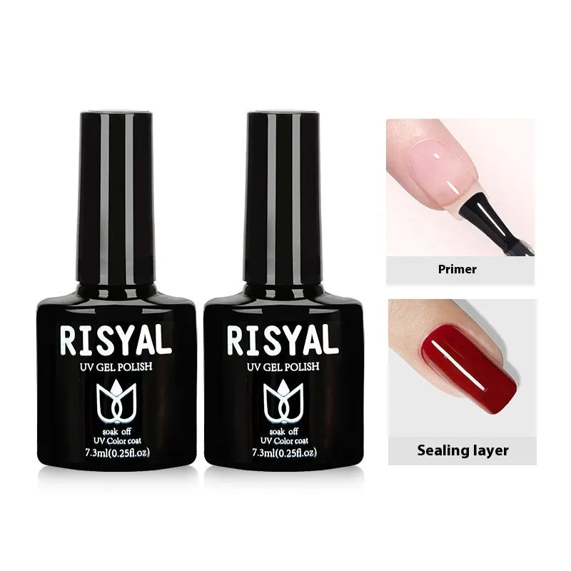 UV nail extension kit with polishes, mini lamp, glues, and metal tools in a zipper bag