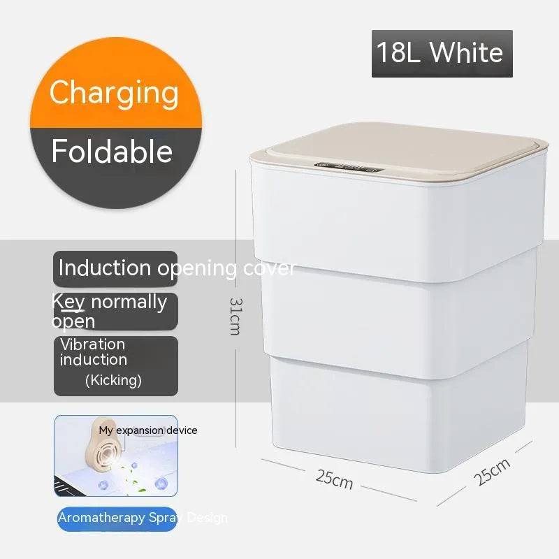 White smart induction trash can with automatic opening lid for kitchen or bathroom use