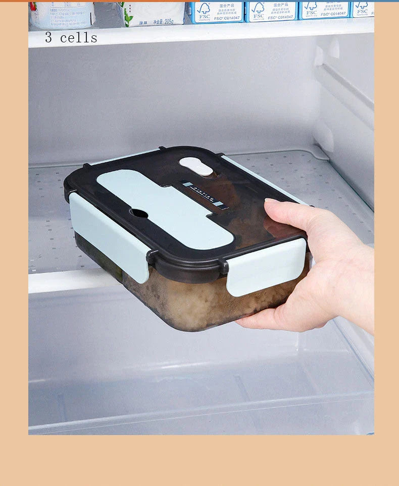 Premium plastic bento lunch box with flexible lock-catch design, microwave-safe, and vibrant colour options for work, travel, and outdoor activities