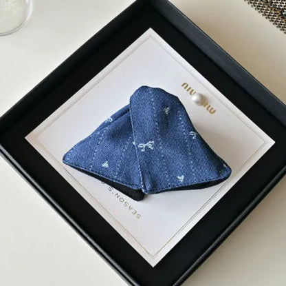 Korean style embroidered denim barrette shark clip in dark blue and smalt colours for women's updos.