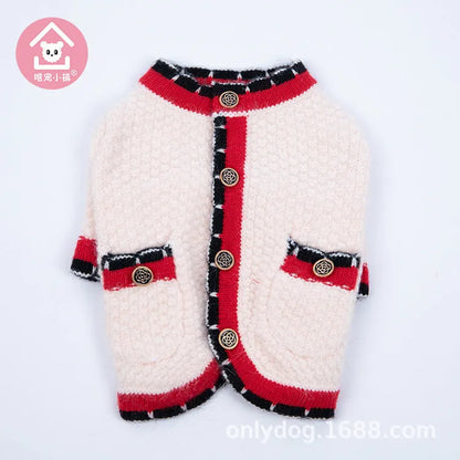 Blue wool knitted dog cardigan sweater with classic princess style design shown on mannequin