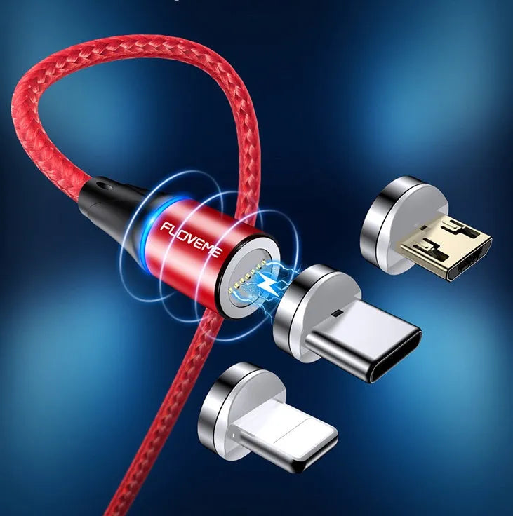Black magnetic fast charge cable with LED light and three interchangeable tips for iPhone, Android, and Type-C connectors