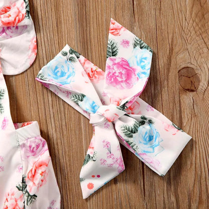 Baby girl white floral two piece set with sleeveless cotton triangle dress and matching bottoms, sizes 73cm to 100cm