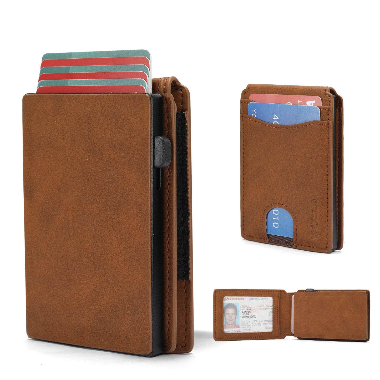 Slim men's synthetic leather card holder wallet shown in black, dark brown, and light brown.