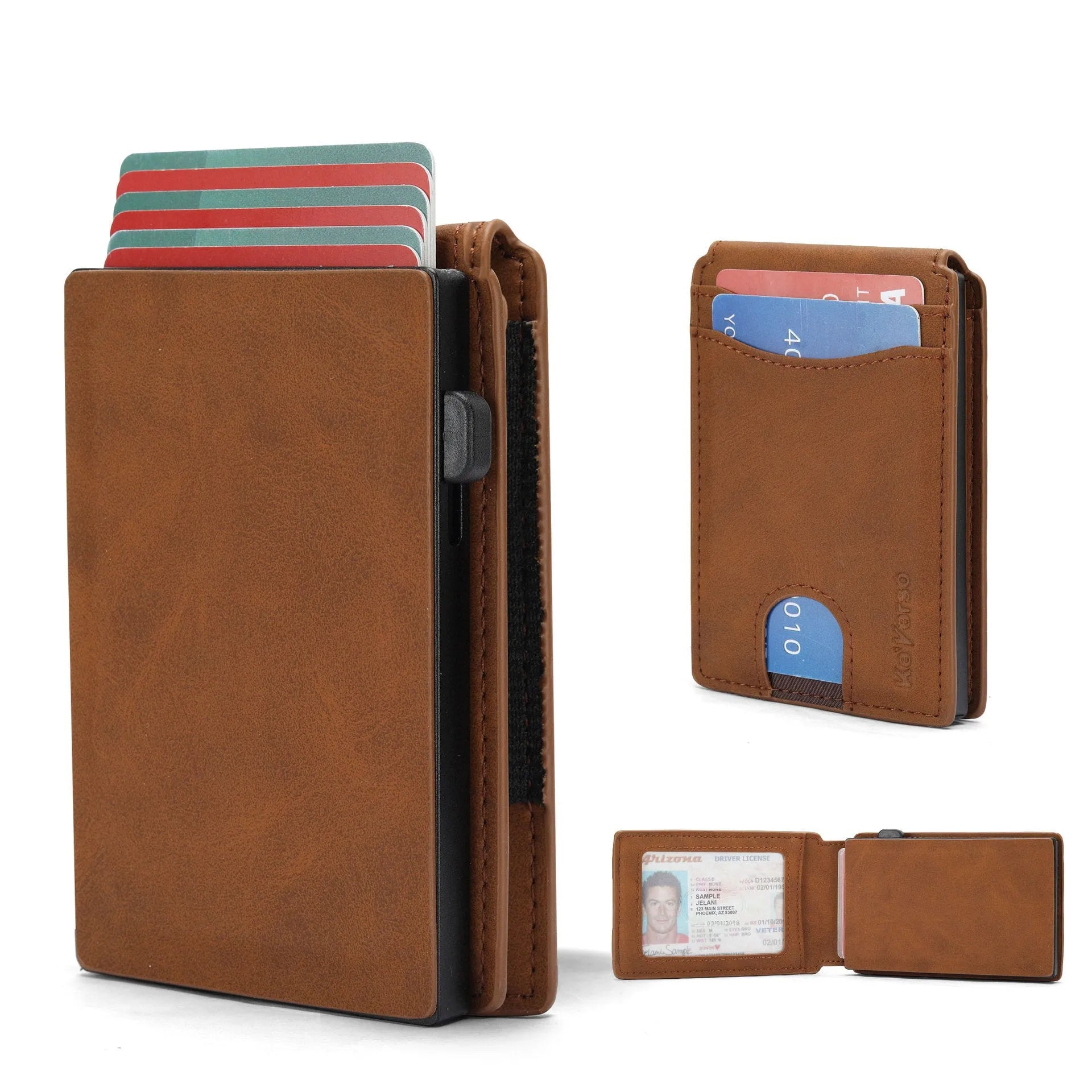 Slim men's synthetic leather card holder wallet shown in black, dark brown, and light brown.
