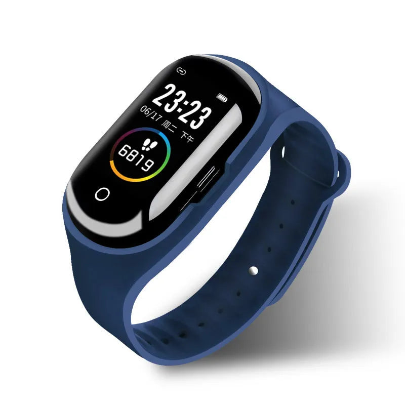 Black smart silicone wristband with a 1-inch screen and integrated earphones for fitness tracking and calls.