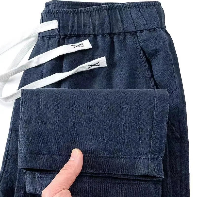 Pure linen Chinese-style straight-leg trousers with elastic drawstring waist in multiple colours