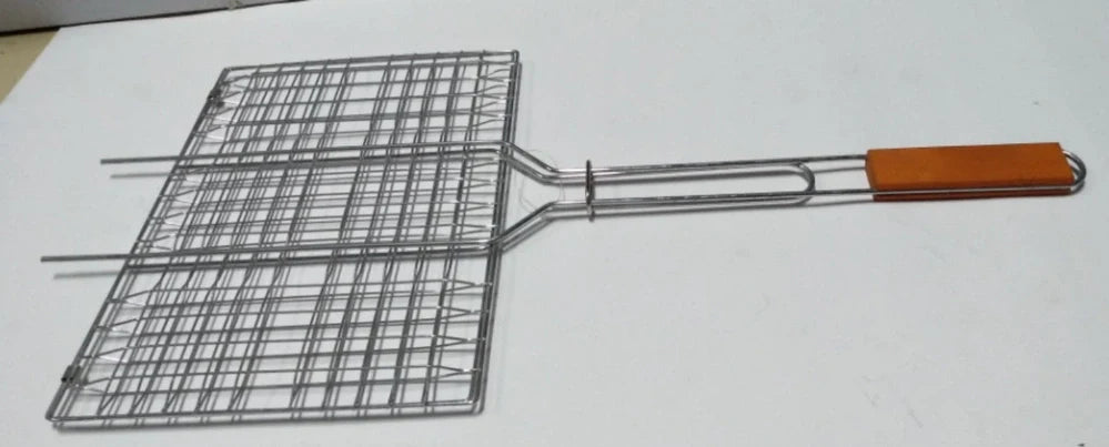 Stainless steel folding barbecue net showing extended cooking surface and compact folded position
